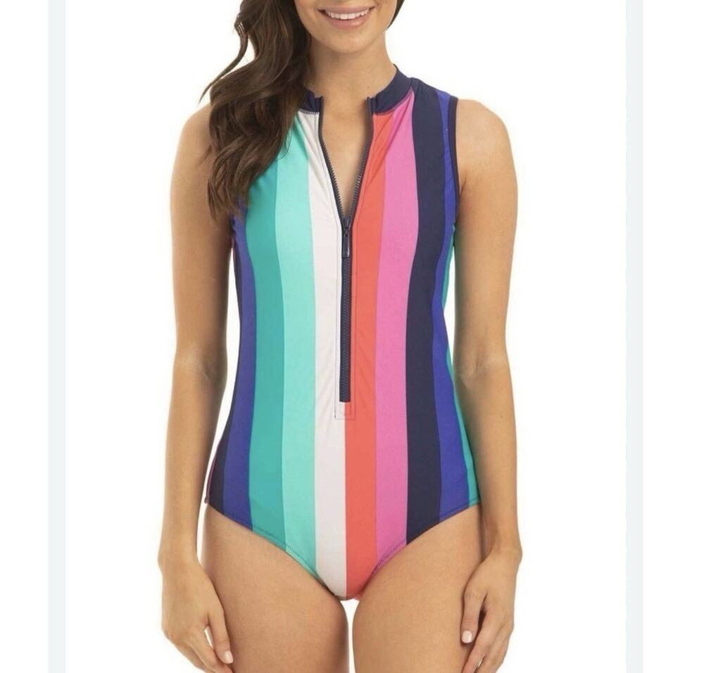 Cabana Life Swimsuit Size L Multicolor Color Block Vertical Stripe Unisuit Zip